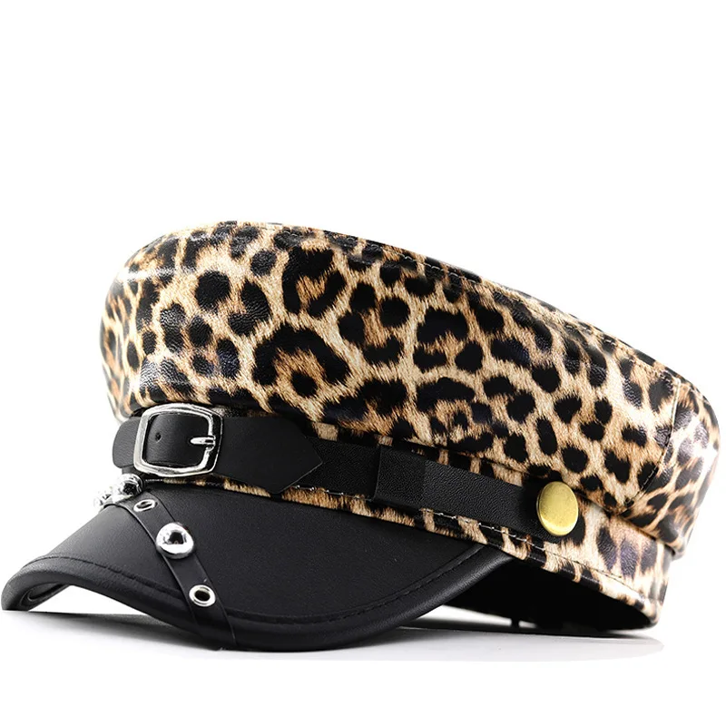 ストリートスパイシーガールスタイルリベットベルト装飾ヒョウ柄キャスケット女性の個性ショーフェイス小さなベレー帽、八角形帽子
