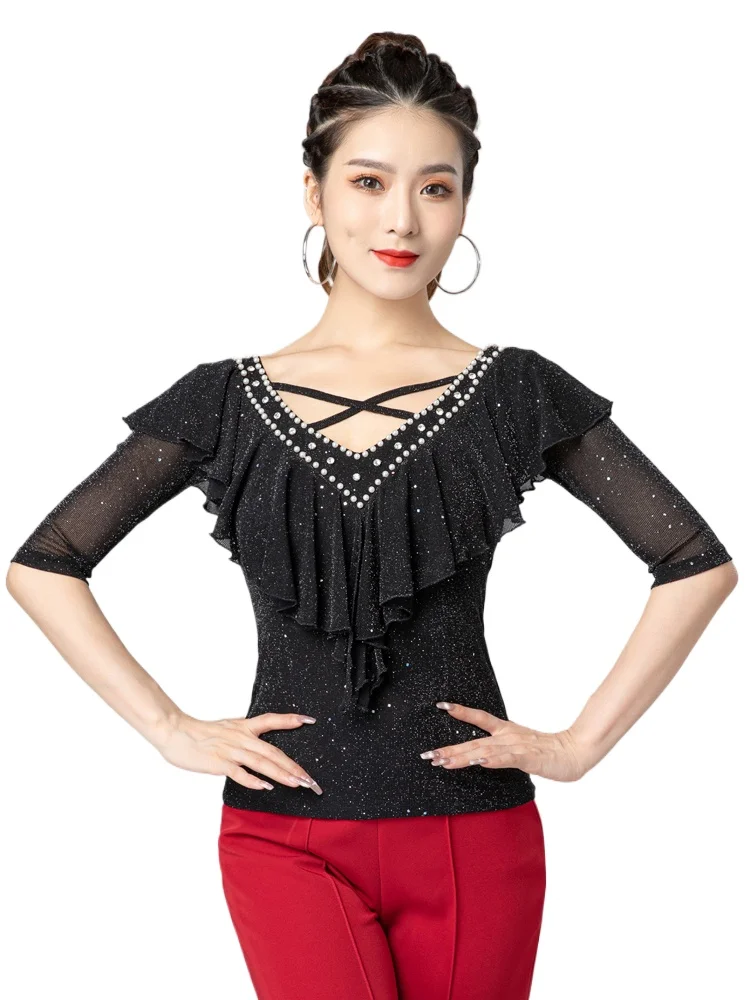 

Competition Lady Modern Dancing Blouse Latin Dance Clothes Women Waltz Ballroom Dancing Performence Shirt V-neck Lotus Leaf Top