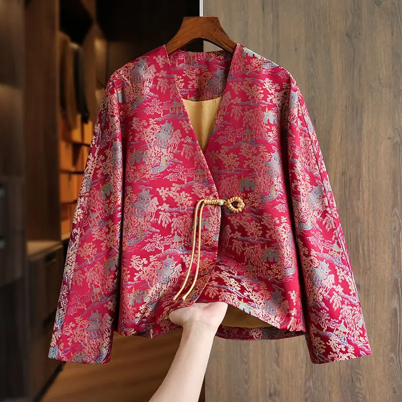 

2025 Spring Fall Women Dobby Floral V Neck Vintage Coat , Woman Clothing Autumn Flower Jacquard Coats