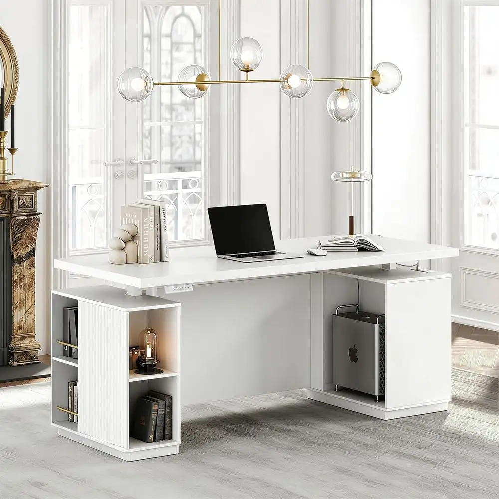 

70 Executive Electric Adjustable Standing Desk with Storage, AC/USB Ports, Privacy Panel, White