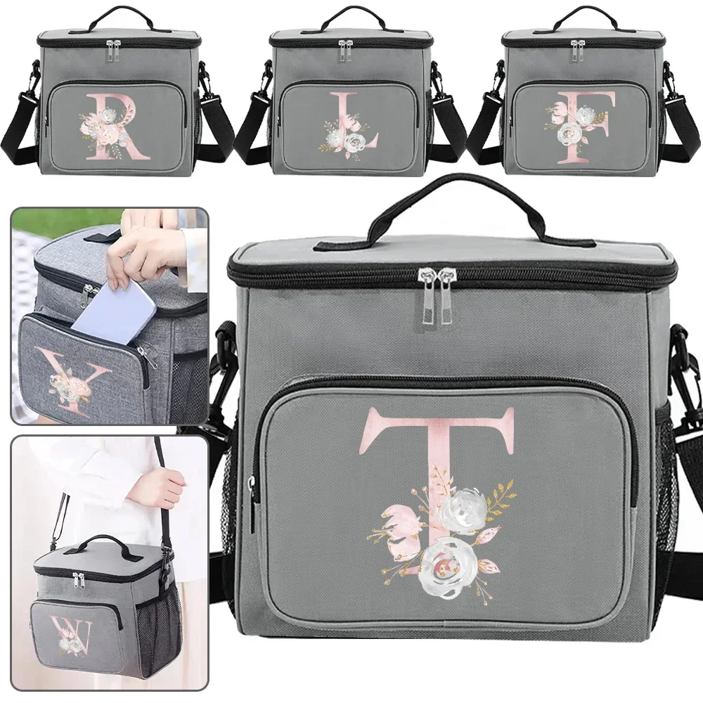 Lunch Bag for Men Original Pink Flower Printing Lunch Organizer Bag in Grey Color for Toddlers Cute and Easy-to-Clean