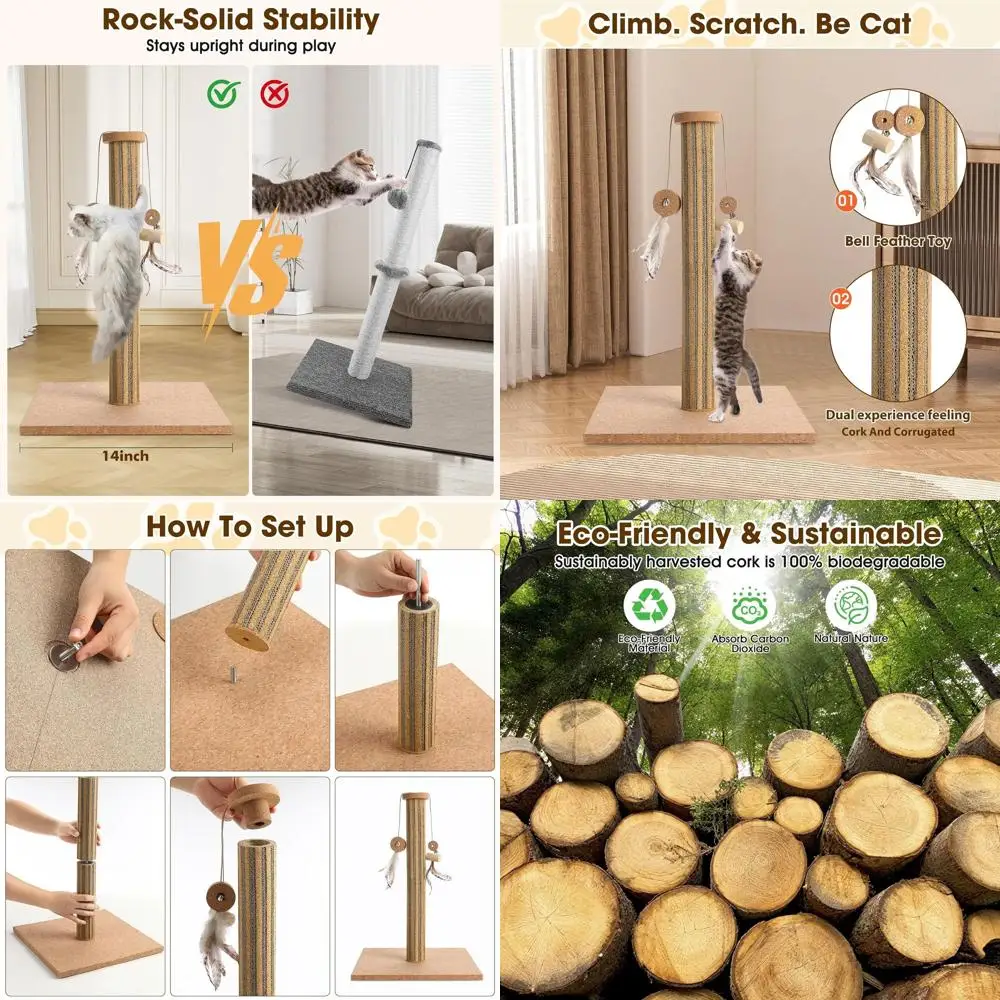 

Eco-Friendly 14.2 Cat Scratching Post with Feather Toy and Cork Base for Indoor Cats