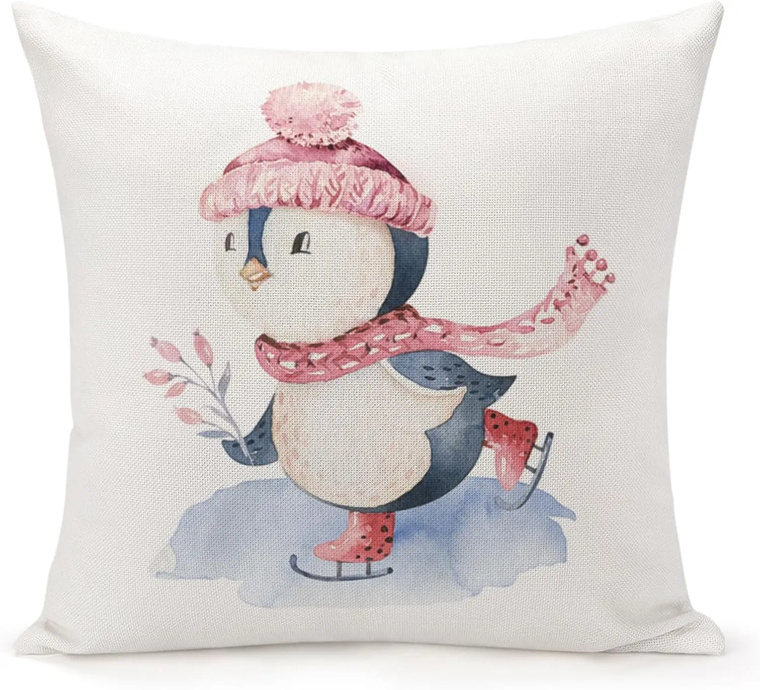 Cute Penguin Skating Pillowcase Cushion Cover Nursery Art Decorative Winter Holiday Theme Decorative Throw Pillow 45x45cm Decor