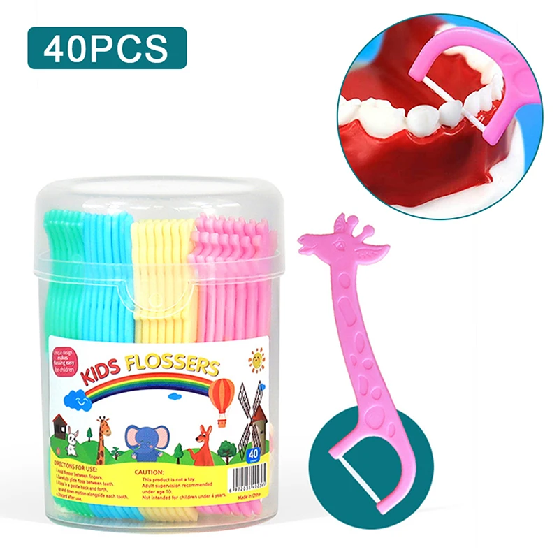 40Pcs Children's Dental Floss Four Cartoon Animal Shape Toothpicks Interdental Floss Clean Teeth Tool Super Thin Floss Stick.