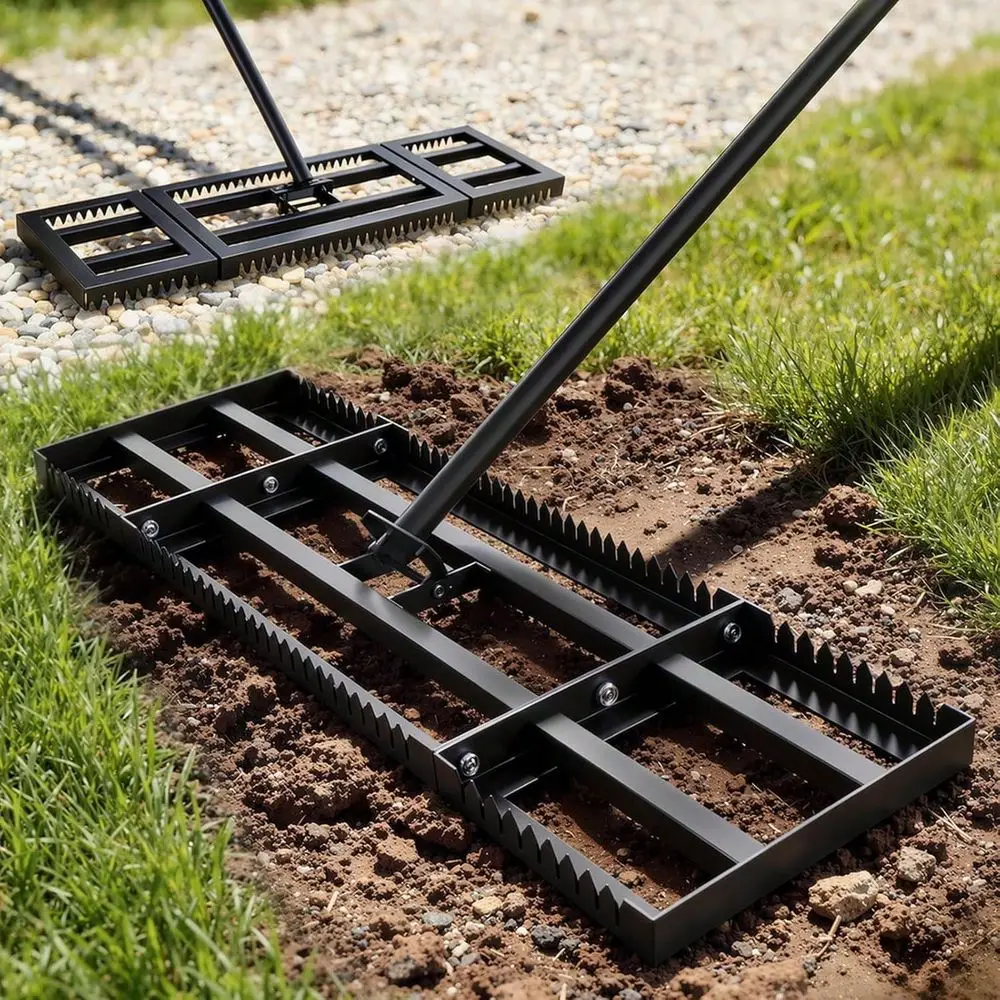 

32X10 Lawn Ling Rake With Serrated Edge Amp Ooth Plate, HeavyDuty Stainless Ling Rake With 72 Adjustable Handle, Serrated Rake