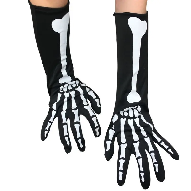 

1pair Women Halloween Skeleton Skull Punk Gothic Gloves Long Gloves Cosplay Black Mitten Ghost Claw Photos Props