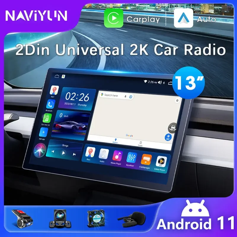 Radio Mobil Android 2 Din 13 Inch, Pemutar Video Stereo GPS 2Din Universal CarPlay Amplifier DSP RGB CD Gaya Tesla Multimedia Mobil