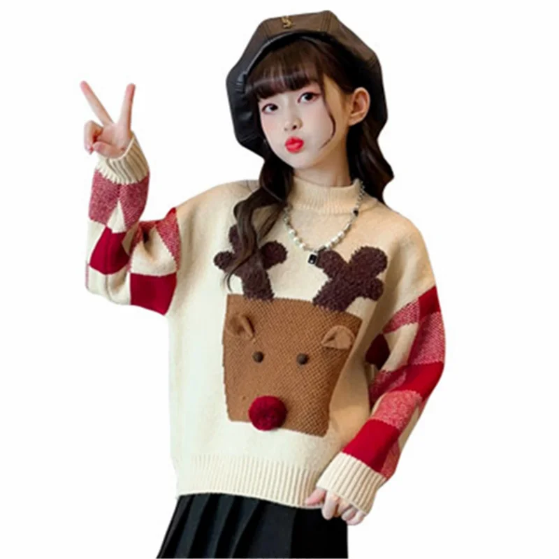 

Fashion Girl New Year Sweater With Deer For Children Cartoon Christmas Sweater Knitwear Kids Spring Autumn Knitted Clothing