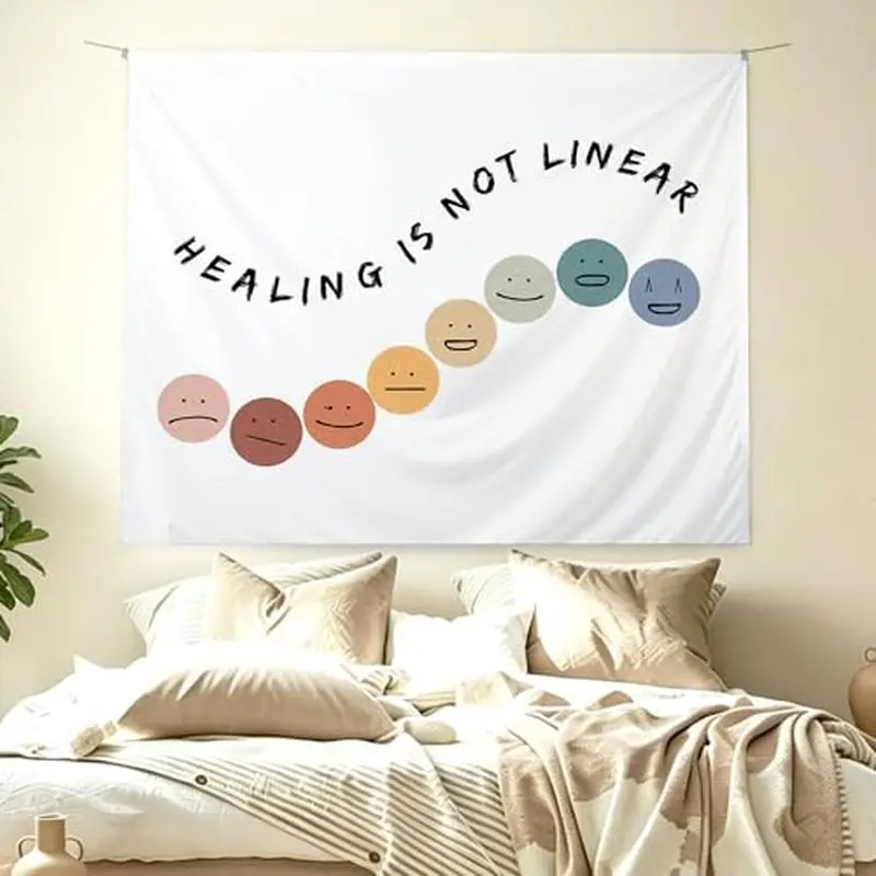 VIKAMA Healing Is Not Linear Smiley Face Wall Tapestry White Colorful Emotion Ball Mental Health Quote Therapy Bedroom Living