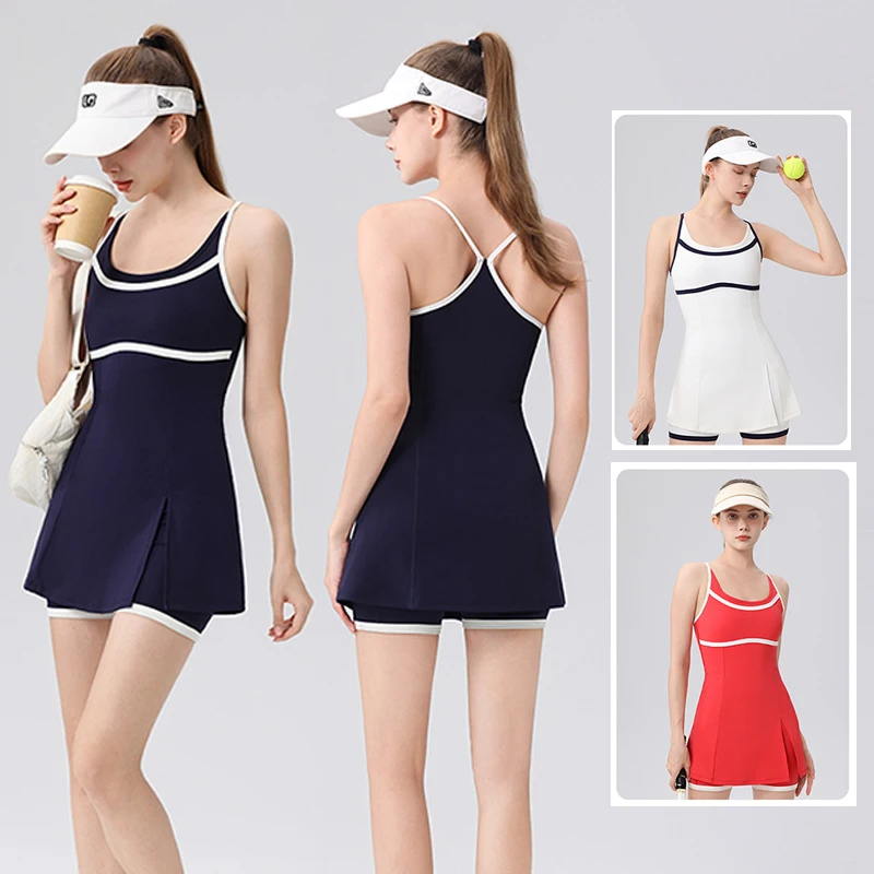

Женское теннисное платье для йоги с нагрудными подушечками и короткими женскими платьями для гольфа без рукавов и открытой спины, эластичные быстросохнущие теннисные юбки