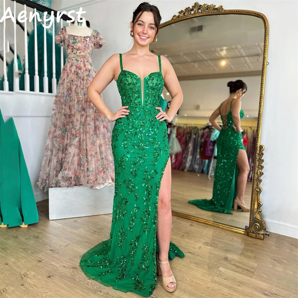 

Aenyrst Green Sweetheart Sequined Cocktail Dresses Lace Spaghetti Strap High Split Clubbing Gowns Sweep Train Dinner Party Dress