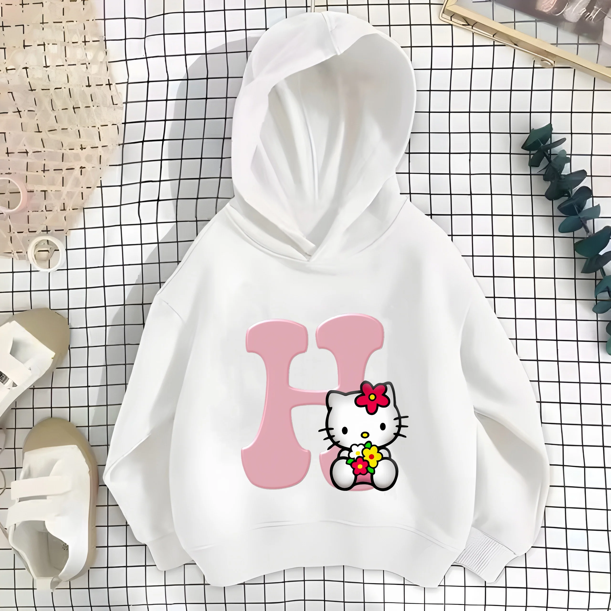 Hello Kitty Children Hoodies Pink Letter A B C D Sweatshirts Girls Clothes Kawaii Pullover Anime Cartoons Boy Kids Casual Tops