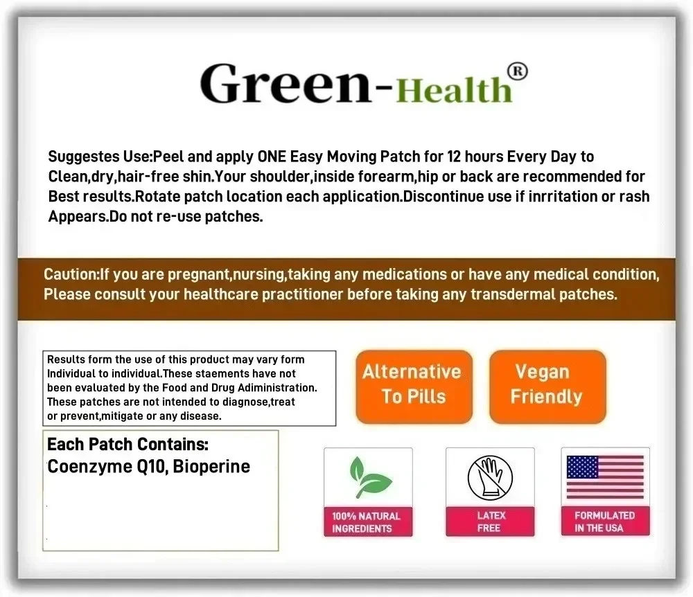 CoQ10 Transdermal Patches for Energy Support 30 Patches One Month Supply Health And Beauty Supplement