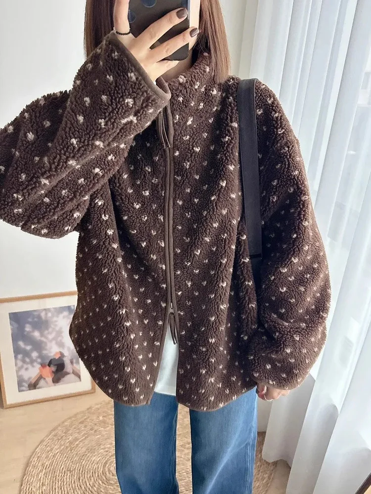 

Faux Lamb Cute Dot Coat Women Vintage Loose Long Sleeve Fall Winter Jacket Korean Casual Stand Collar Long Sleeve Kawaii Tops