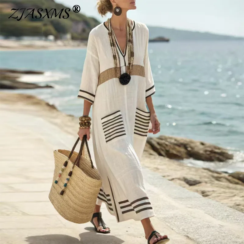 Robes for Woman New V Neck Loose Boho Dress Ethnic Spring Striped Print Pocket Long Maxi Dress Summer Short Sleeve Holiday Dress