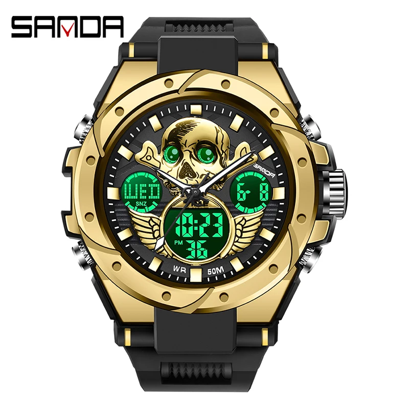 

SANDA Sport 6087 Watch Men Military Army Top Brand Skull Wristwatch Dual Display Male Watch For Men Clock Waterproof Hours