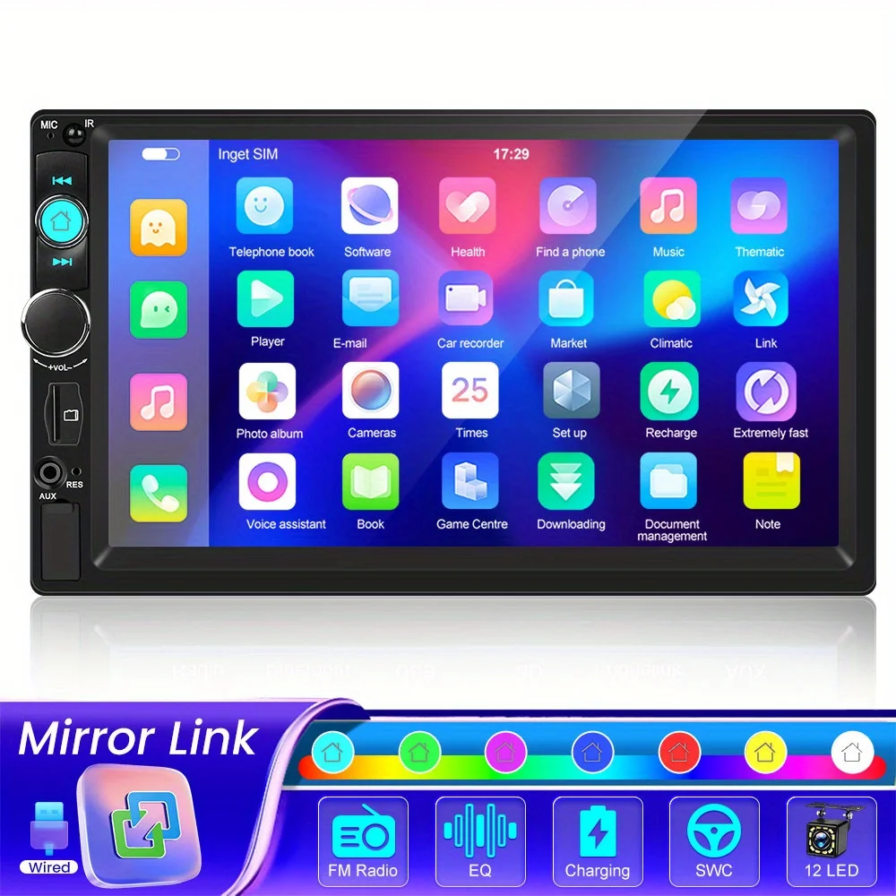

7inch 2DIN Touchscreen Car Stereo with Smartphone mirroring FM/USB/AUX/TF Playback SWC Backup Camera Universal Fit