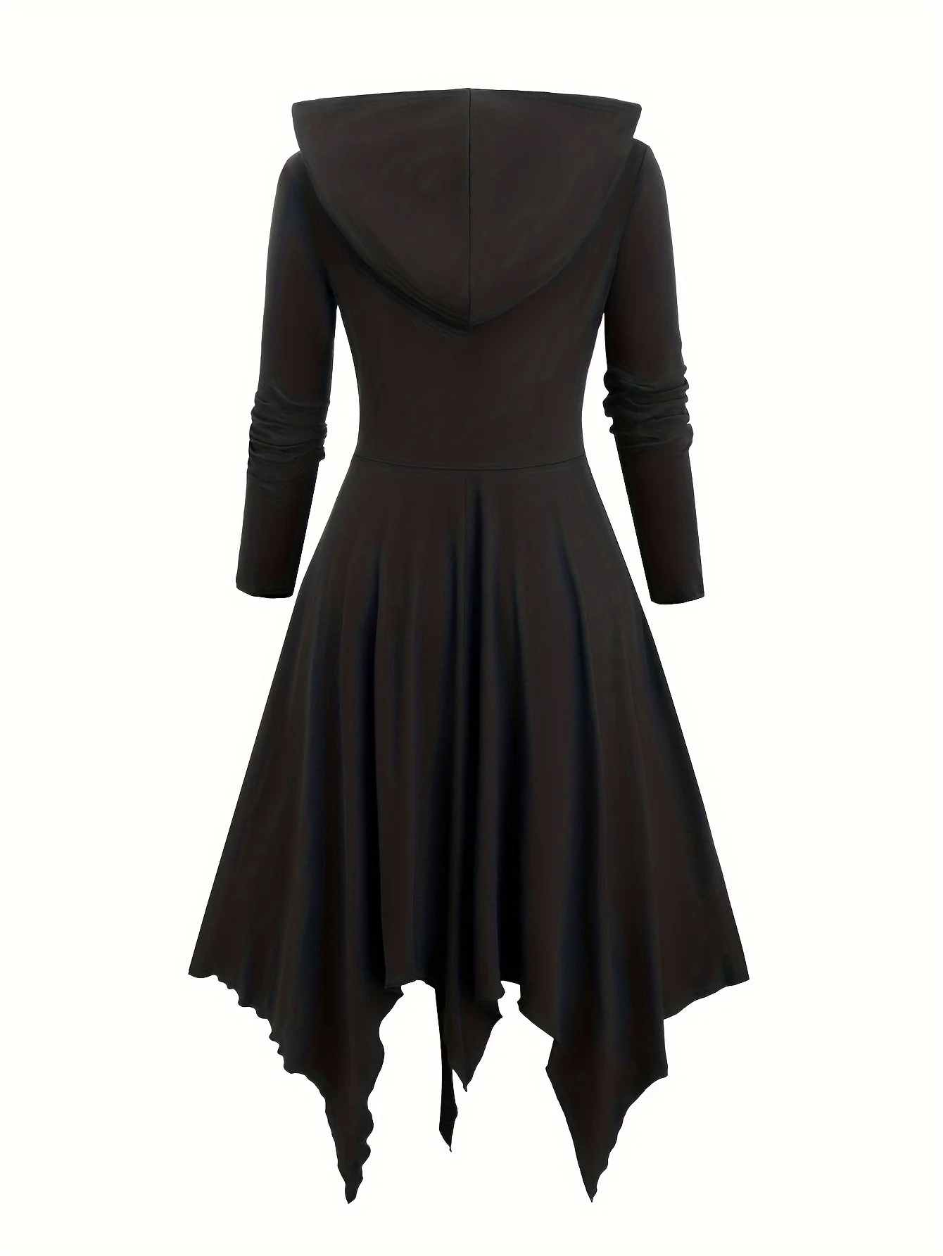 European and American fashion plus size long sleeve Gothic lace-up hooded irregular dress pure black handkerchief hem.