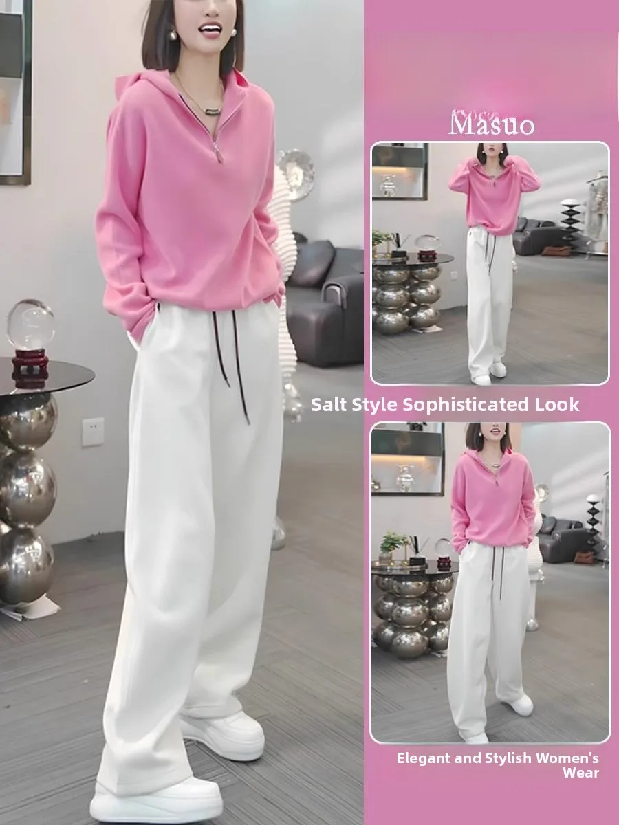 

Модный розовый повседневный свободный комплект из двух предметов: брюки с широкими штанинами и топ. Весенне-осенний женский костюм в популярном стиле.