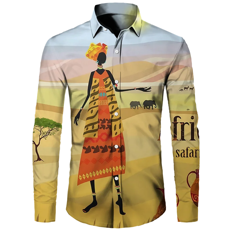 African Ethnic Pattern Hawaiian Shirts For Men Retro Drum 3D Printed Blouse Autumn Fashion Casual Loose Aloha Shirts Long Sleeve