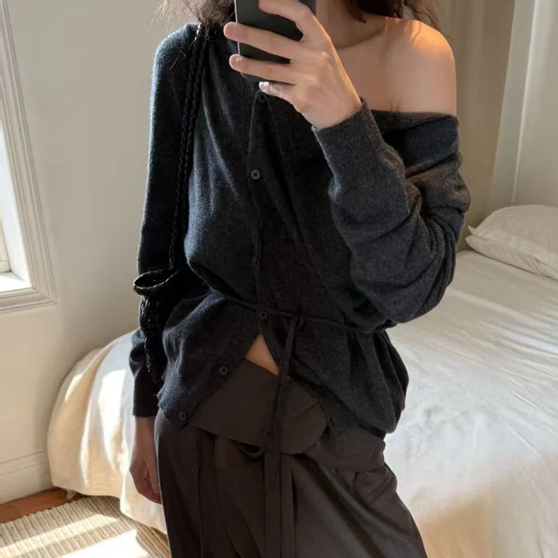 Women's Wool Strapless Off-the-Shoulder Top, Long-Sleeve Single-Breasted Knit Sweater, High-Quality Wool Sweater, 2026, New y2k