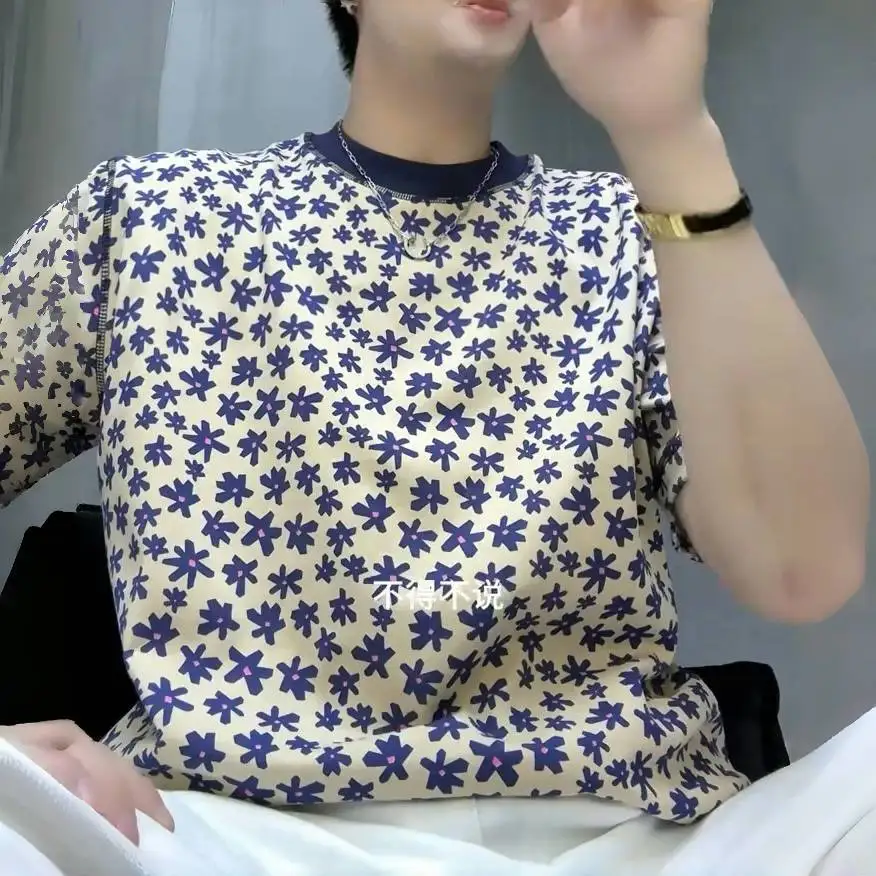 Men's Floral Print Short Sleeve T Shirt Casual Round Neck Breathable Cotton Blend Tee for Summer