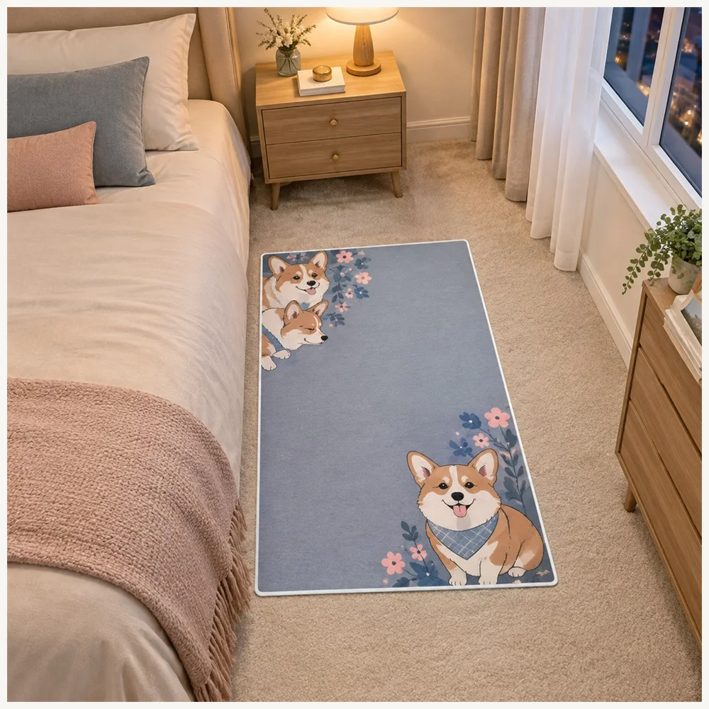 VIKAMA Cute Animal Grey Pink Blue Corgi Flannel Door Mat, Anti-Slip Absorbent Door Mat, Home Decor for Boot Room, Conservatory