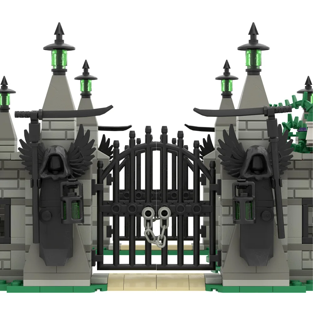 MOC Halloween Cemetery Building Blocks Haunted House Manor Death Statue Fence Tree Skeleton  Figures Bricks Toys  Gift