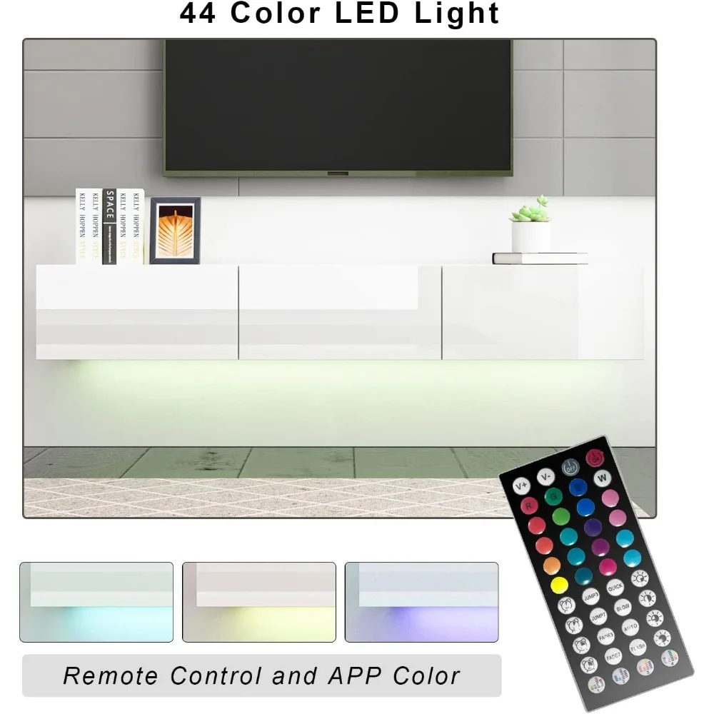 وحدة تحكم وسائط خشبية حديثة مثبتة على الحائط مع أضواء LED لأجهزة التلفاز حتى 70، مركز ترفيه بتصميم عائم #4