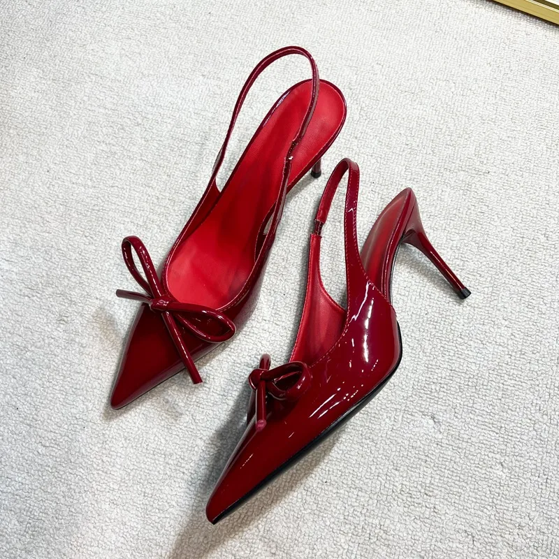 French burgundy one-word high heels, bow 2025 new model, beautiful outer wear, pointed head, thin heel, bag head, sandals women