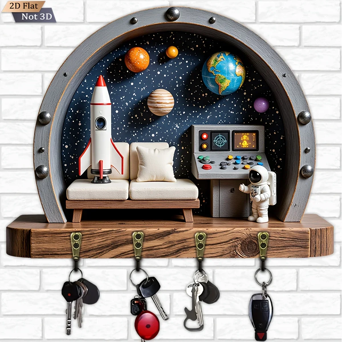 2D Flat Surface, 1pc, Space Rocket Astronaut Key Hook Wooden Multifunctional Home Key Holder, with Four Metal Hooks, Wall
