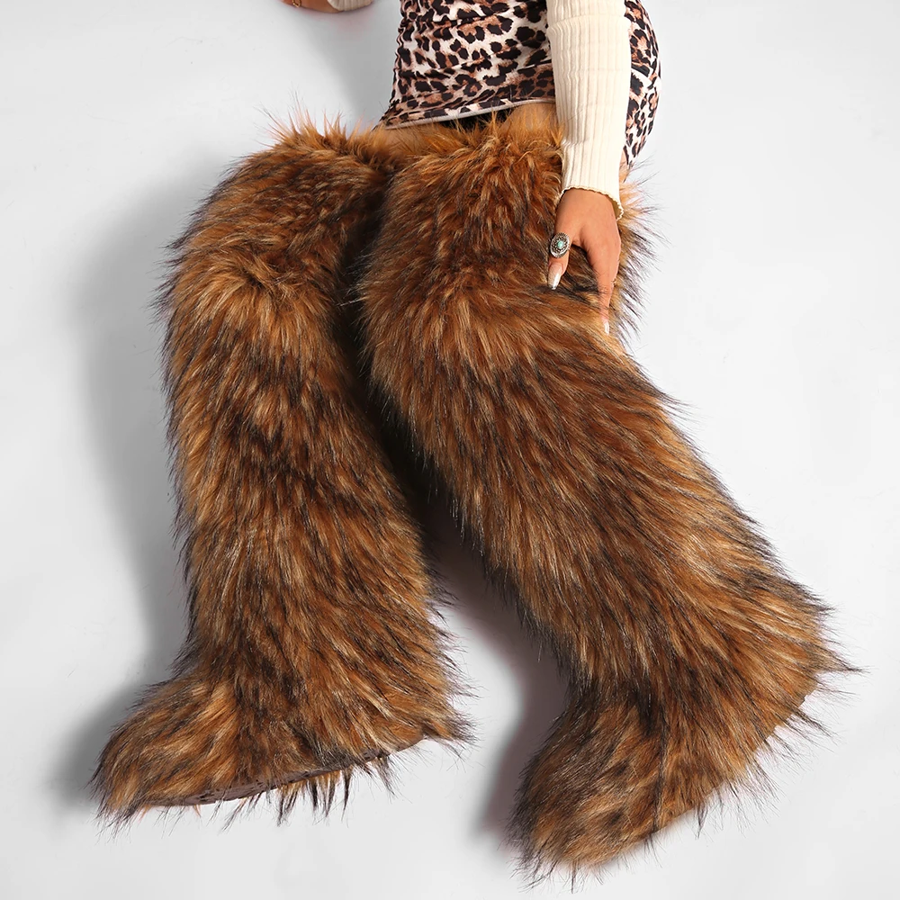 Women's Cozy Faux Fur over the Knee Boots Thigh High Fluffy Y2K Furry Fuzzy Warm Outdoor Comfortable Girls Boot