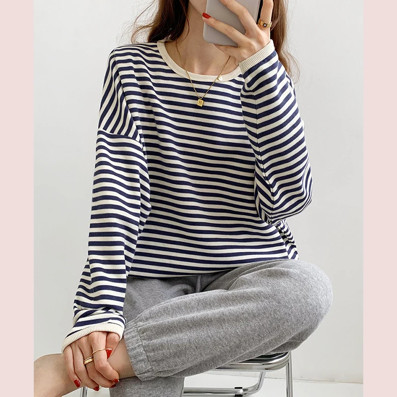 Loose Striped Tshirt Women Cotton Long Sleeve Tops T-shirt Casual Korean Fashion O-neck Tee Shirt Femme 2022 New Autumn Female