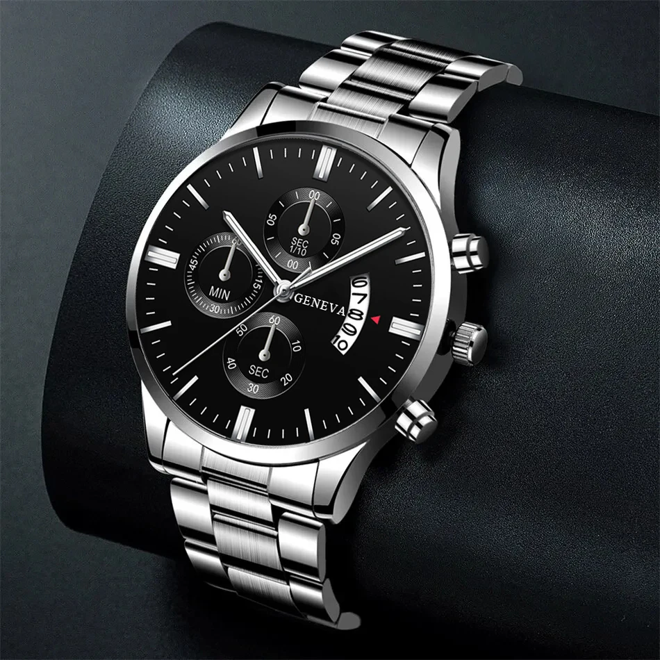 3PCS Set Fashion Mens Business Watches Men Casual Silver Bracelet Necklace Stainless Steel Quartz Wrist Watch Relogio Masculino