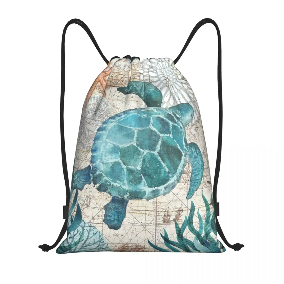 

Custom Vintage Sea Turtle Drawstring Backpack Sports Gym Bag for Women Men Marine Life Shopping Sackpack