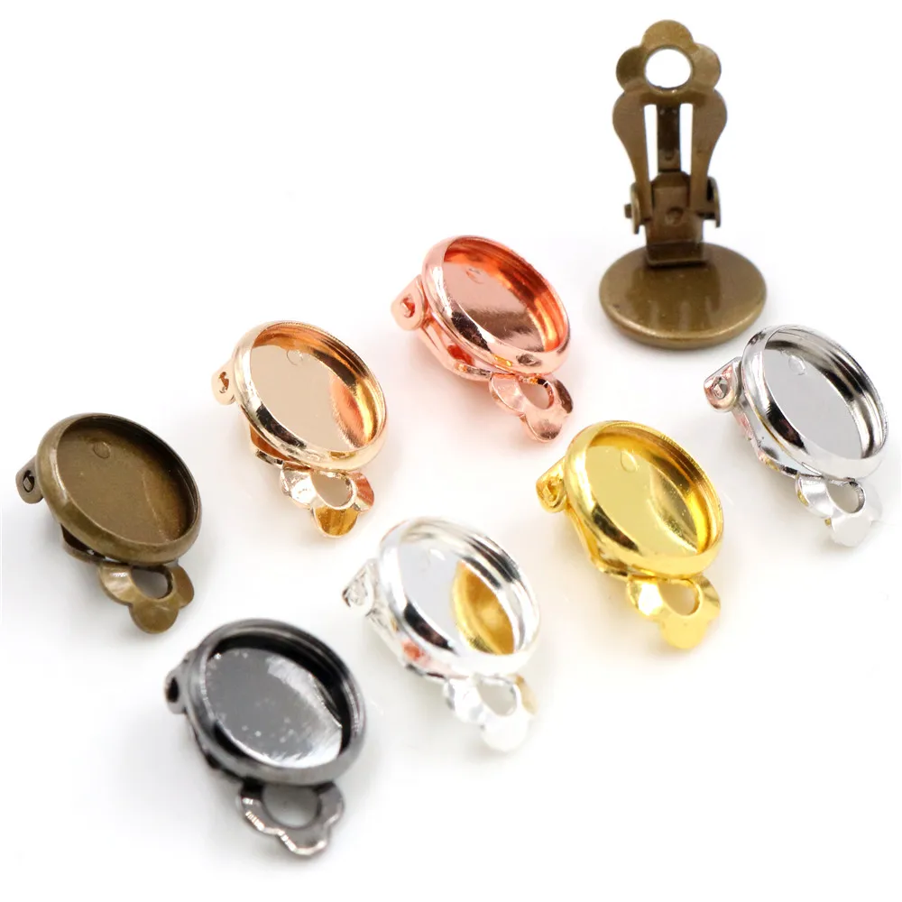 10mm 10 sztuk/partia miedzi materiał klipsy ucha 8 kolory Plated, kolczyki puste/Base,Fit 10mm szklane kaboszony, kolczyk ustawienie — zdjęcie 2
