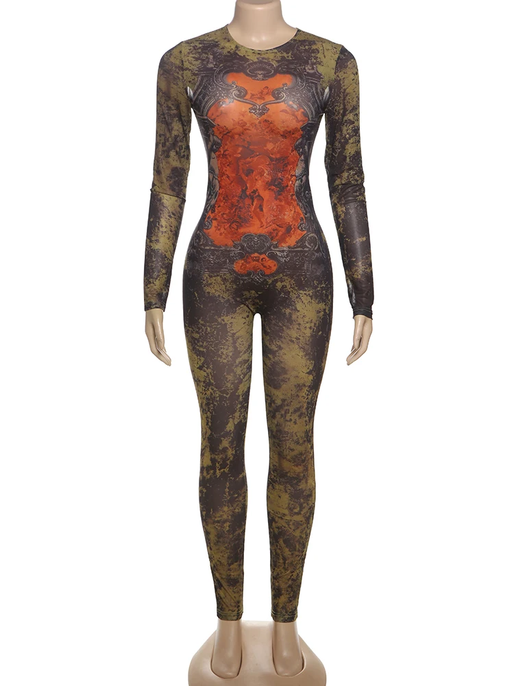 Macheda เซ็กซี่แฟชั่น Jumpsuits ผู้หญิงสุนทรียศาสตร์พิมพ์ O-คอแขนยาวผอมพีชสะโพก Hottie Hipster Street สไตล์ Overalls