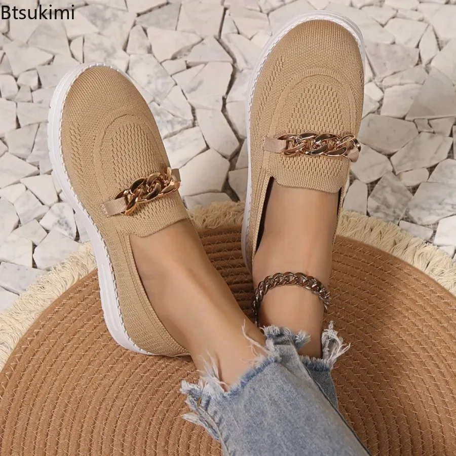 2025 Women's Chain Decor Flats Fashion Round Toe Shallow Loafers Casual Shoes Breathable Comfy Sneakers New Ladies Walking Shoes