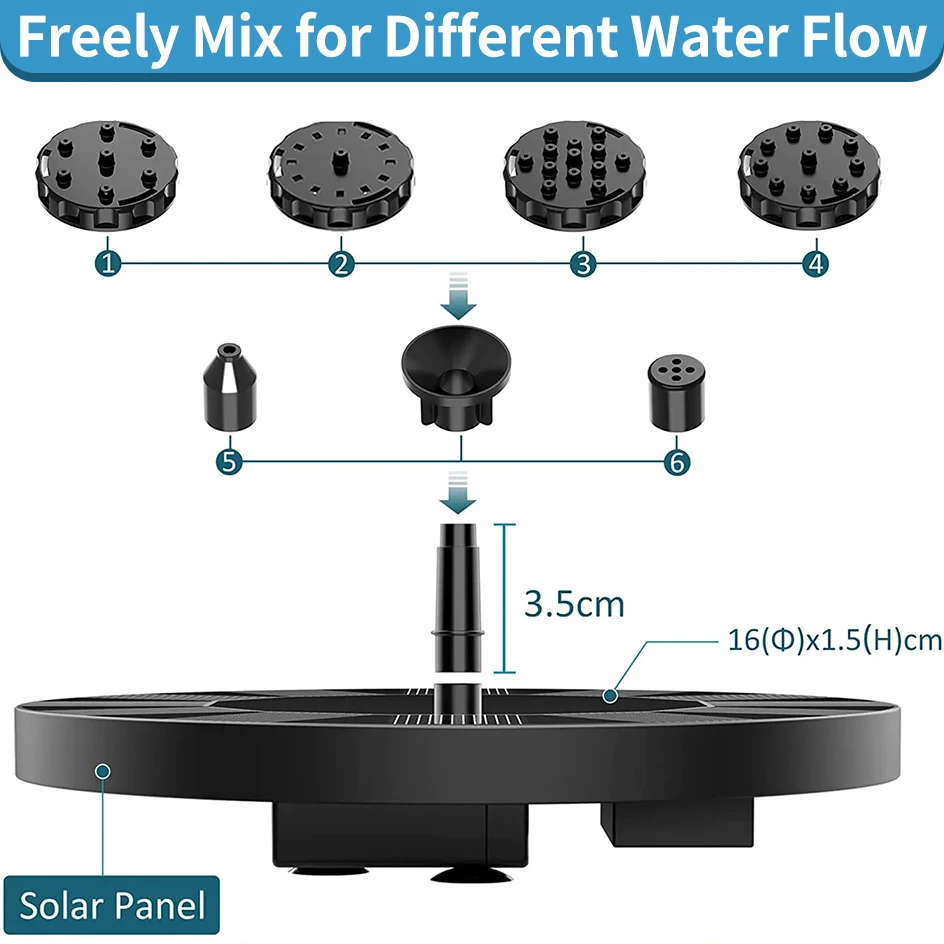 1.5W Solar Fountain Pump, with 6 nozzles Solar Bird Bath Fountain, Garden Decoration Floating Garden Waterfall Fountain Pump