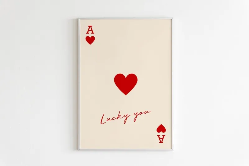 Lucky You Poster and Prints  Queen of Hearts Ace Card Kiss Lips Canvas Paintings Nordic Modern Living Room Home Wall Decor