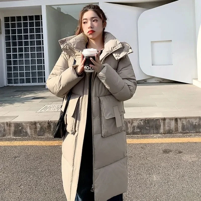 Parka noire pour femmes, vêtements d'extérieur coréens, manteau bouffant Long et brillant, grande taille, veste chaude en coton, automne hiver