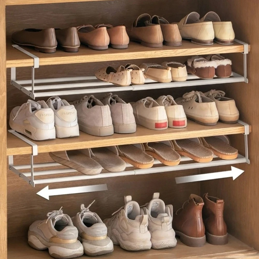 Verstellbares Schuhregal |   Platzsparender mehrlagiger Organizer für Schuhschränke zu Hause |   Schuhhalter unter dem Regal mit Hängekorb