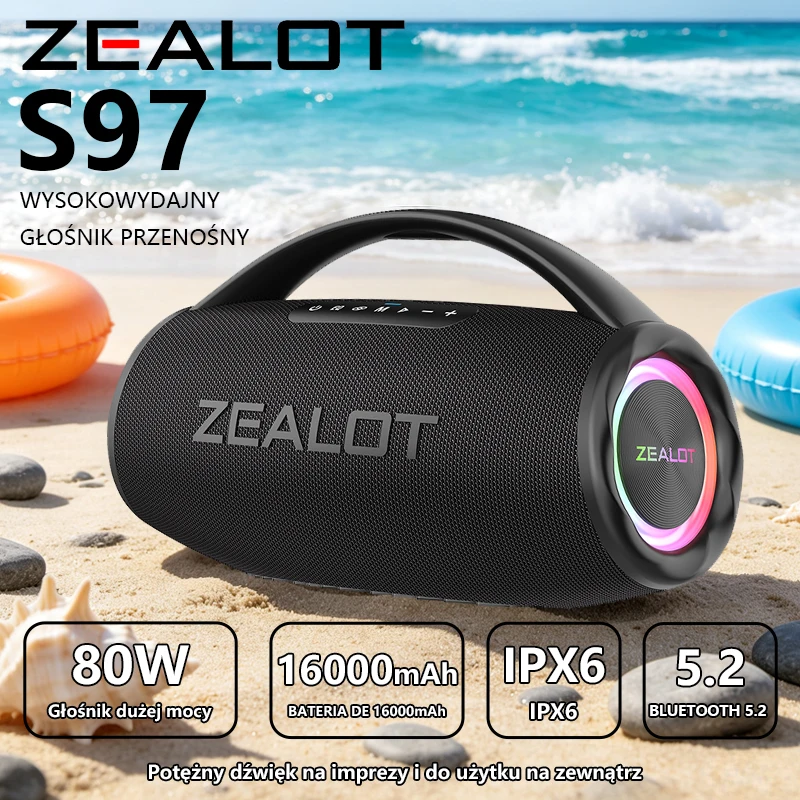Zealot-S97 80W Tragbarer Kabelloser Bluetooth-Lautsprecher Camping-Lautsprecher Wasserdichter Heimlautsprecher Autolautsprecher 16000mAh Kabelloser TWS-Subwoofer Unterstützt USB/TF/Aux RGB-Beleuchtung