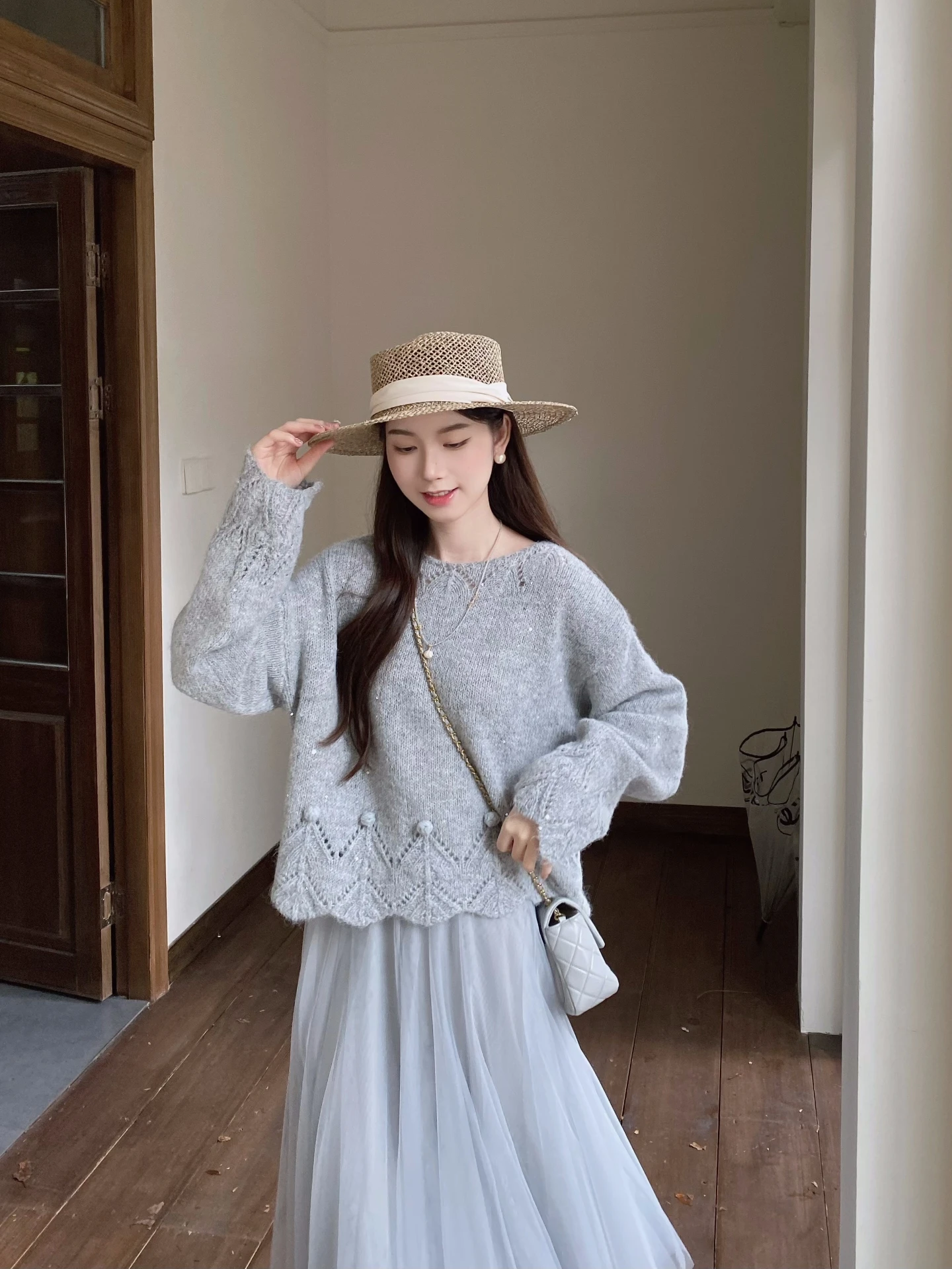 

MOBAI Gentle Handmade Crochet Hollow out Knitted Sweater Women's Loose Fit Autumn New Sle Comfortable Soft Long Sve Top
