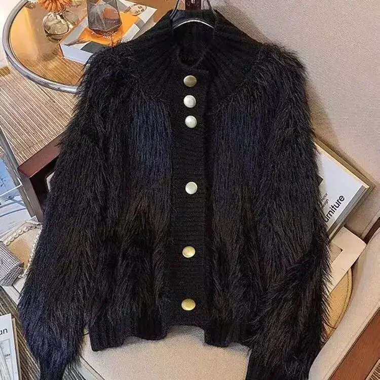 Moda toque francês sem manga botão detalhe elegante camisola de pescoço alto feminino solto ajuste de malha topo chique estilo preguiçoso