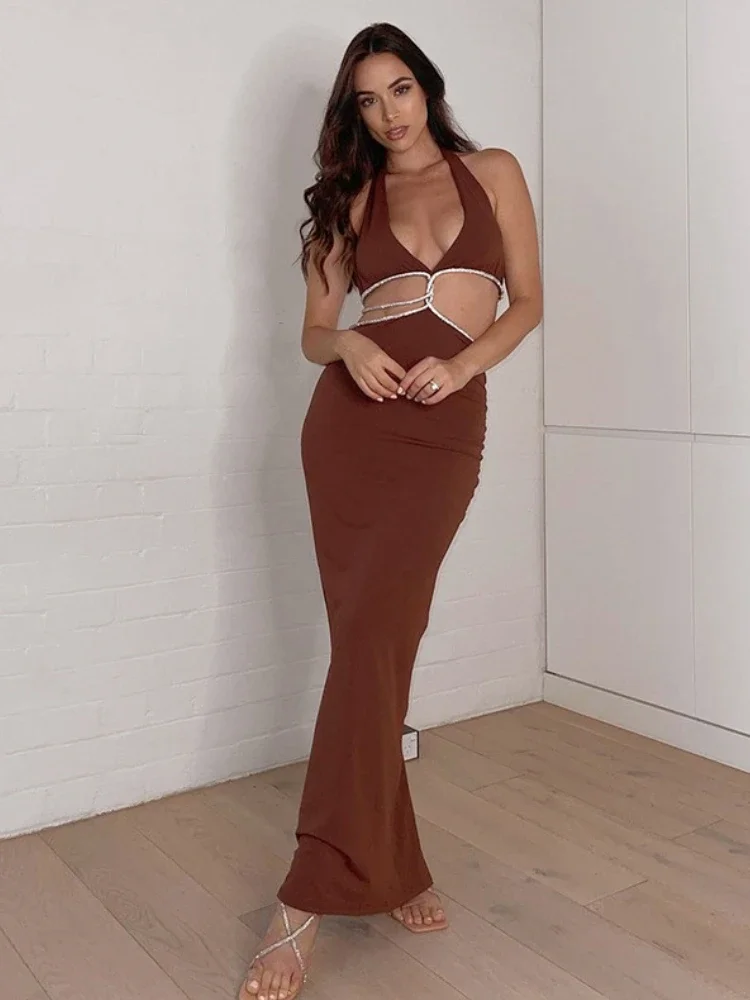 Sexy Halter Cut Out Maxi Dress for Women 2022 Summer Fashion Brown Sleeveless Club Party Dress Elegant Evening Bodycon Long Gown