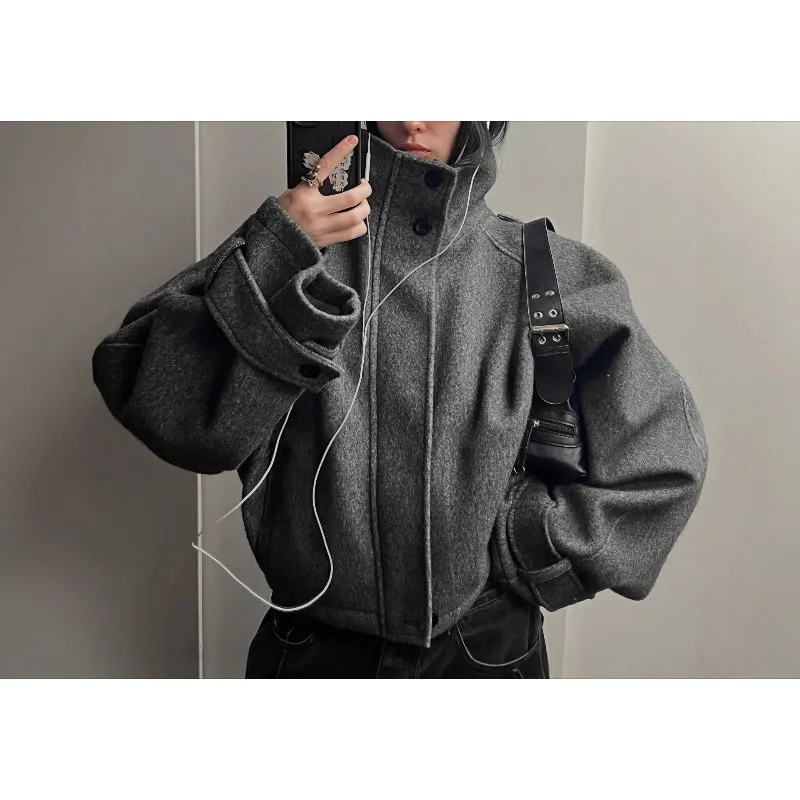 

Stand Collar Women Winter Woolen Coat 2025 Spring Single Breasted Loose Female Long Sleeve Jacket Office Lady Street Short Coats