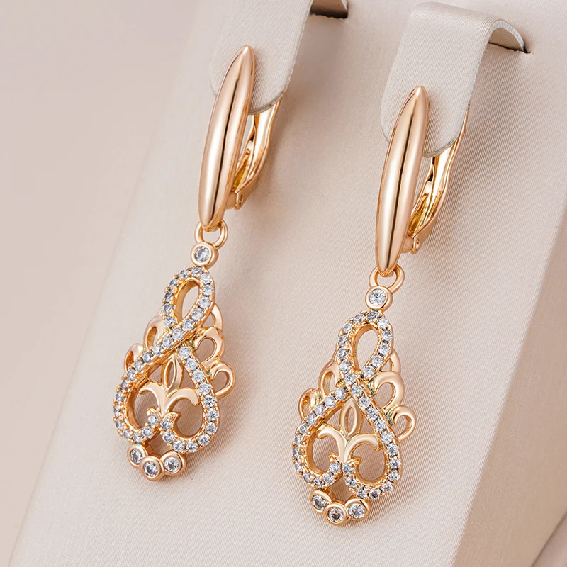 Kinel Hot Trend Crystal Flower Long Dangle Earrings for Women Natural Zircon 585 Rose Gold Color Ethnic Bride Fine Daily Jewelry