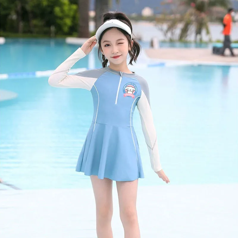 Sanrio Cinnamoroll Anime maiô infantil, vestido de praia Kawaii Girls, biquíni princesa, protetor solar de secagem rápida, presente de verão