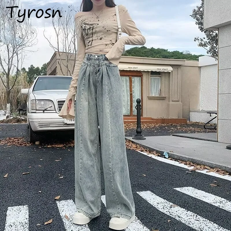 

Women Jeans High Waist Autumn New Unique Design Wide Leg Straight All-match American Style Street Chic Denim Washed Trousers